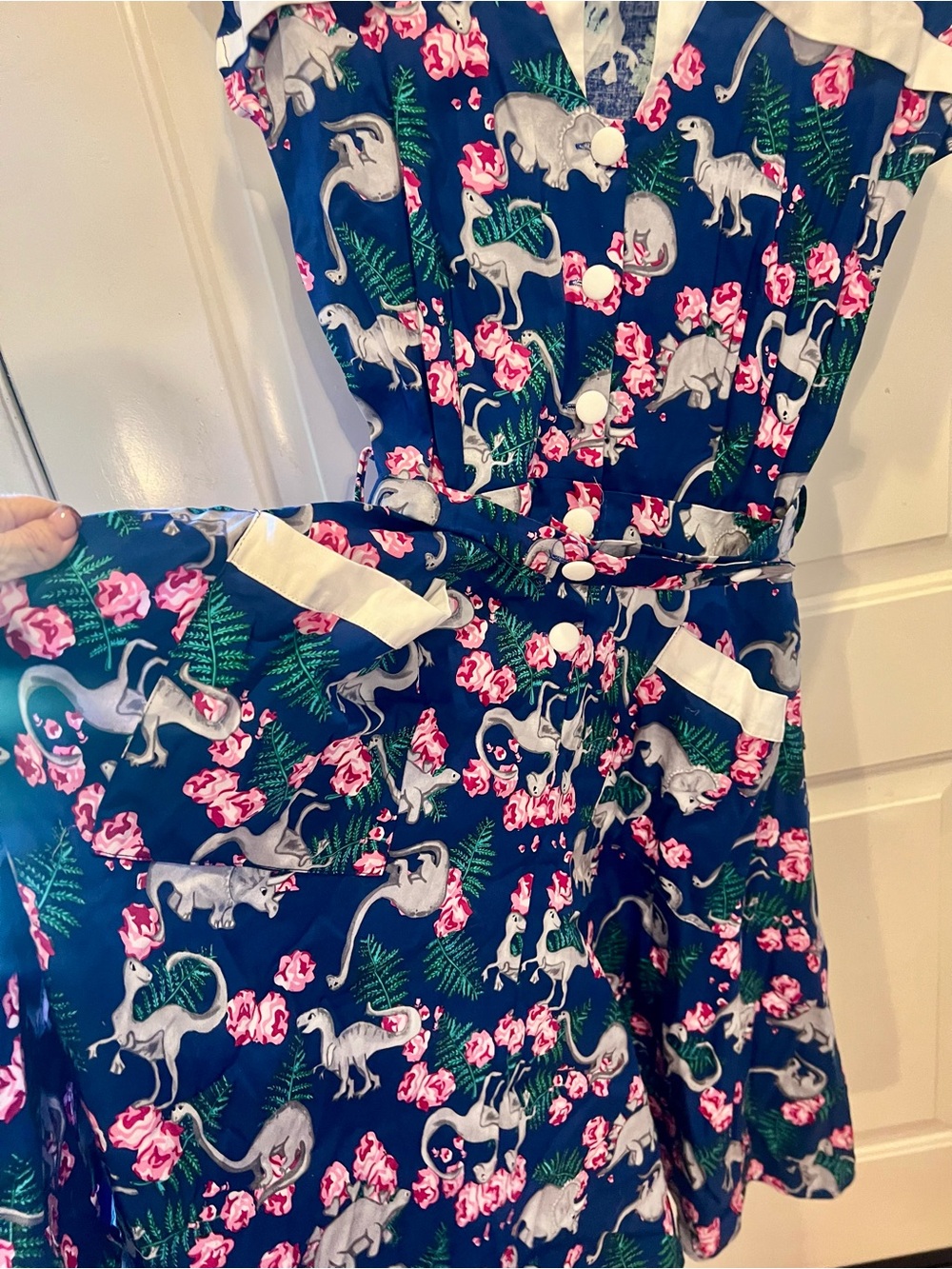 Unique Vintage Navy Dress with Gray Dinosaur & Pink Floral Print - Picture 2 of 3
